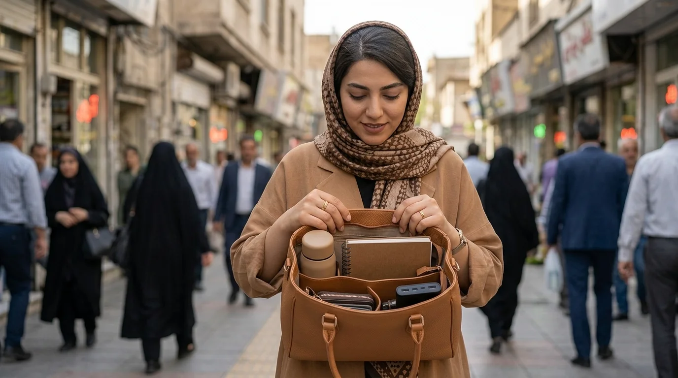 داخل یک کیف زنانه چرمی قهوه‌ای رنگ که وسایلی مانند دفترچه، بطری آب کوچک و پاوربانک در محفظه‌های مجزای آن قرار گرفته‌اند