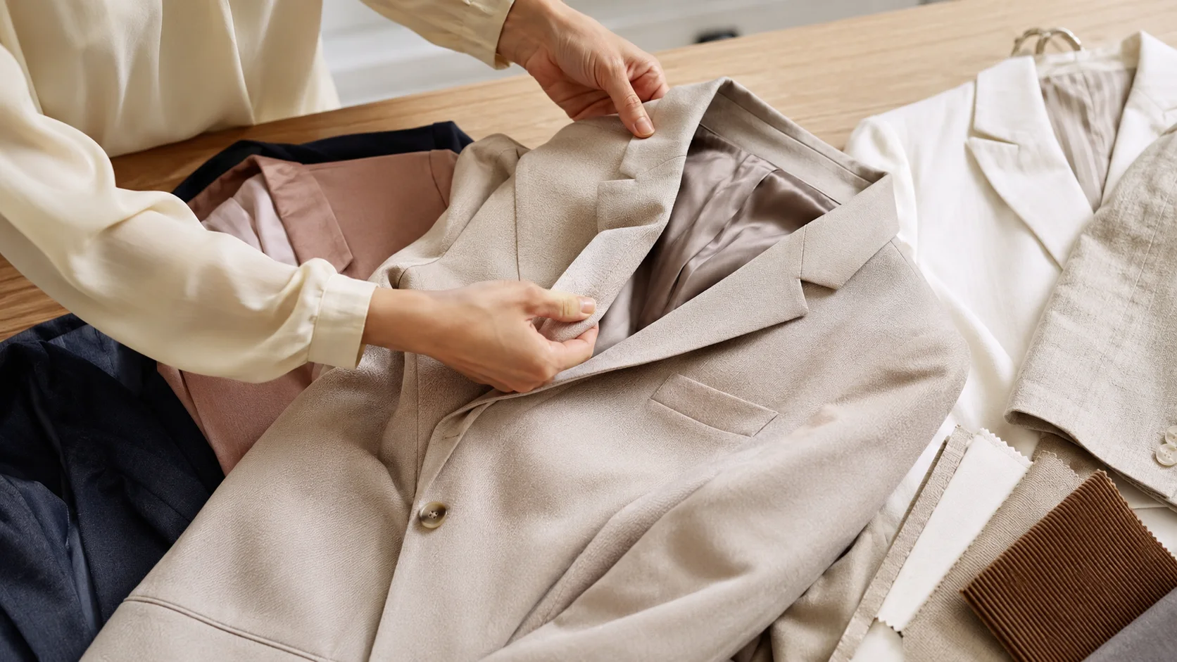 check-jacket-fabric-and-tailoring بررسی جنس پارچه، آستر و کیفیت دوخت کت زنانه