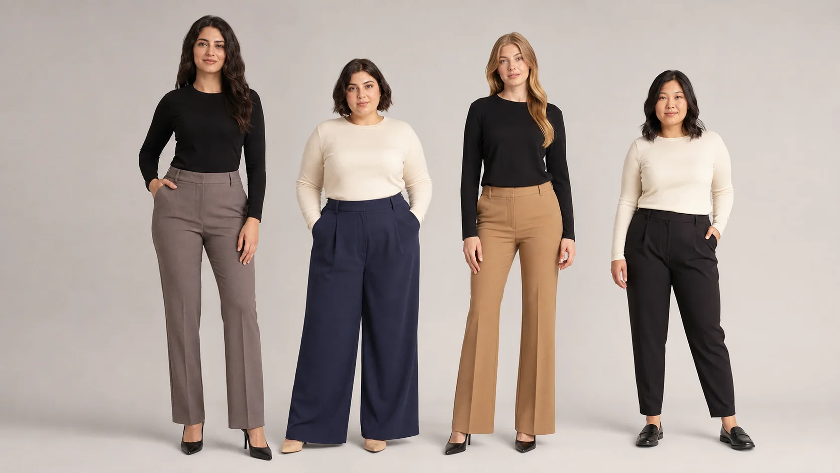 trouser-cuts-for-different-body-shapes.png مقایسه مدلهای شلوار زنانه برای فرمهای مختلف بدن