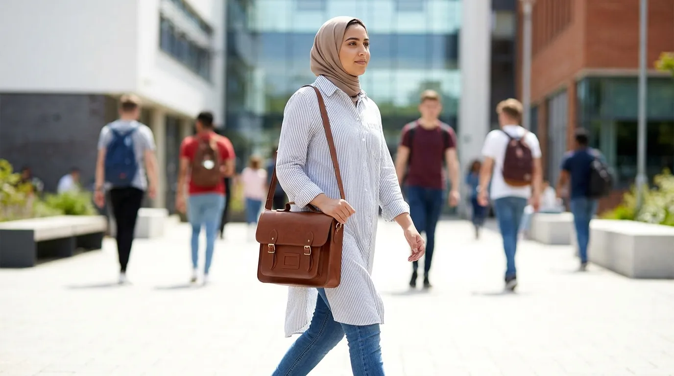 استایل دانشجویی و کیف دوشی چرمی در حال قدم زدن در محوطه دانشگاه