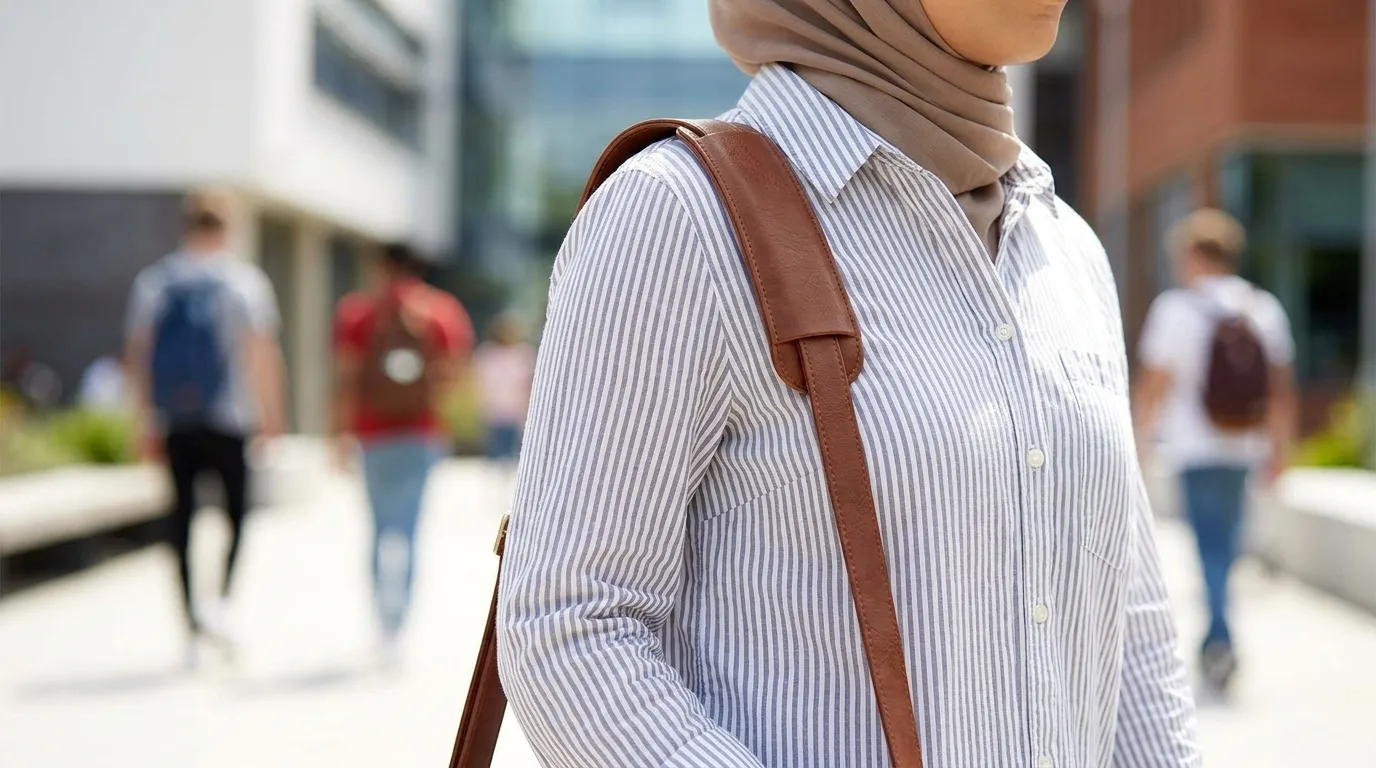 نمای نزدیک از شانه یک زن که بند پهن و مقاوم کیف دوشی چرمی را به راحتی حمل می‌کند