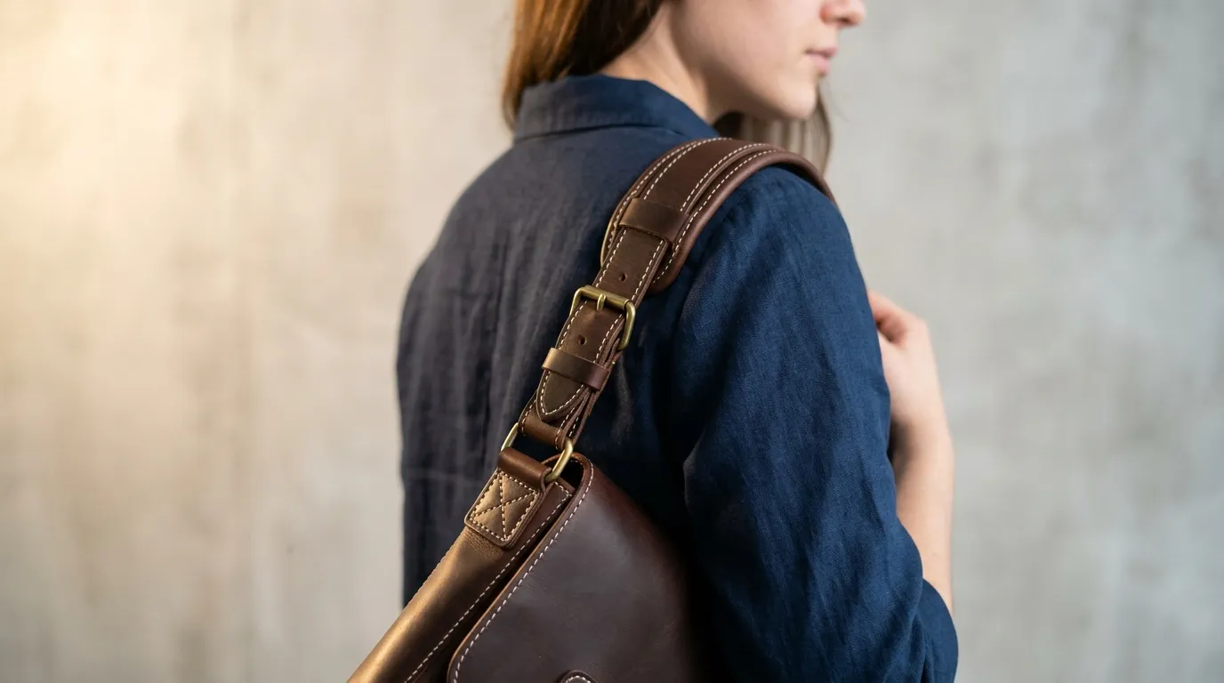 close up reinforced bag strap connection نمای نزدیک از اتصال تقویتشده بند پهن به بدنه کیف چرمی