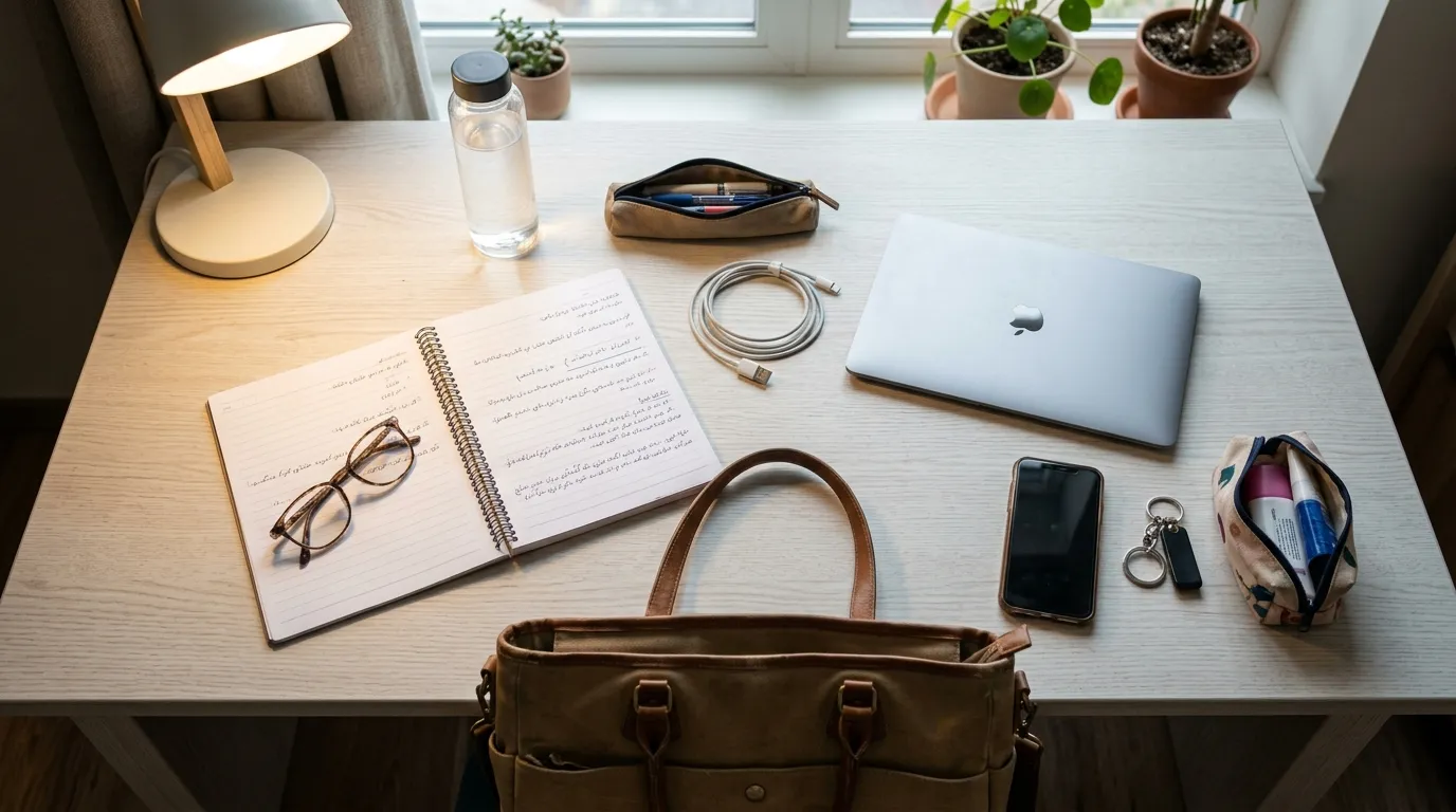 essential university items organized on desk چیدمان منظم وسایل ضروری دانشجویی شامل لپتاپ، دفتر و بطری روی میز