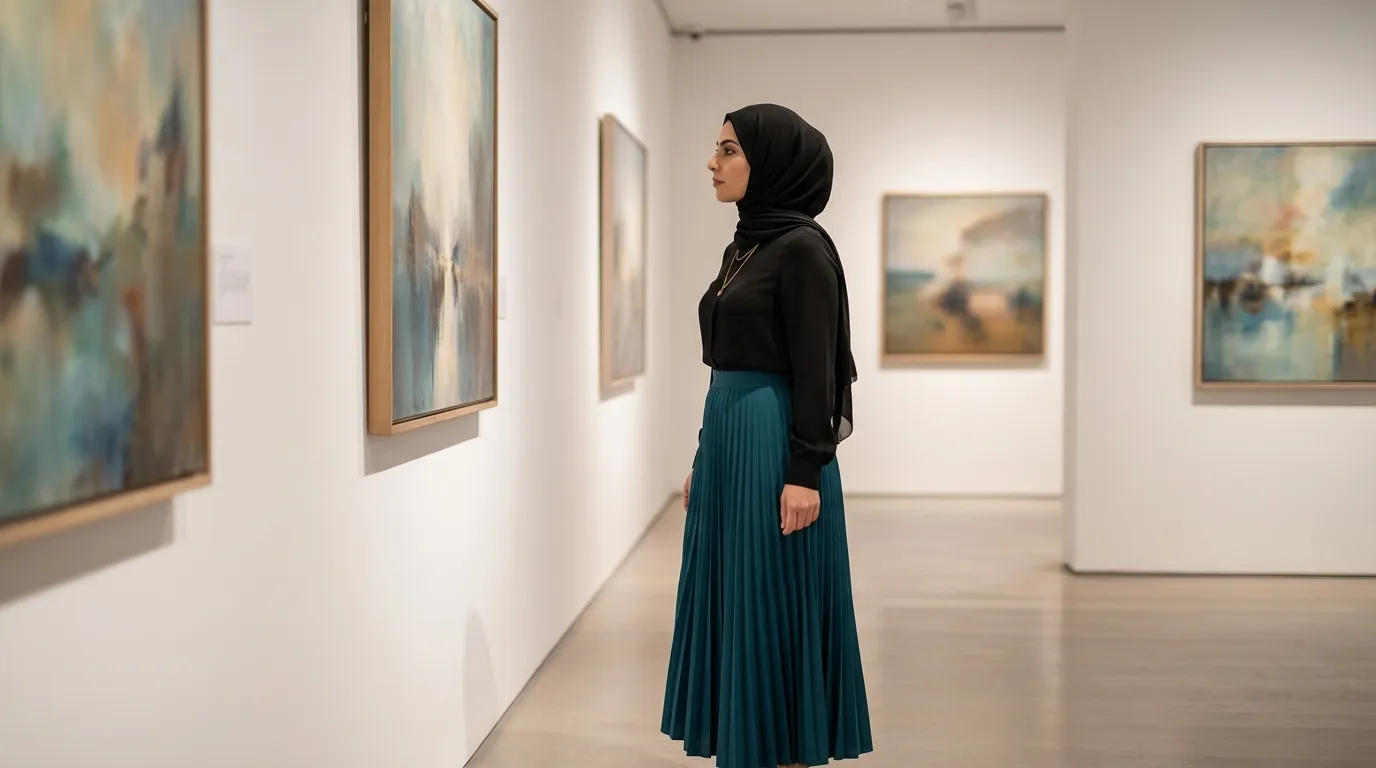 نمای کلوزآپ و متمرکز از زن محجبه در حال تماشای یک تابلوی نقاشی انتزاعی در یک گالری هنری مدرن و پرنور
