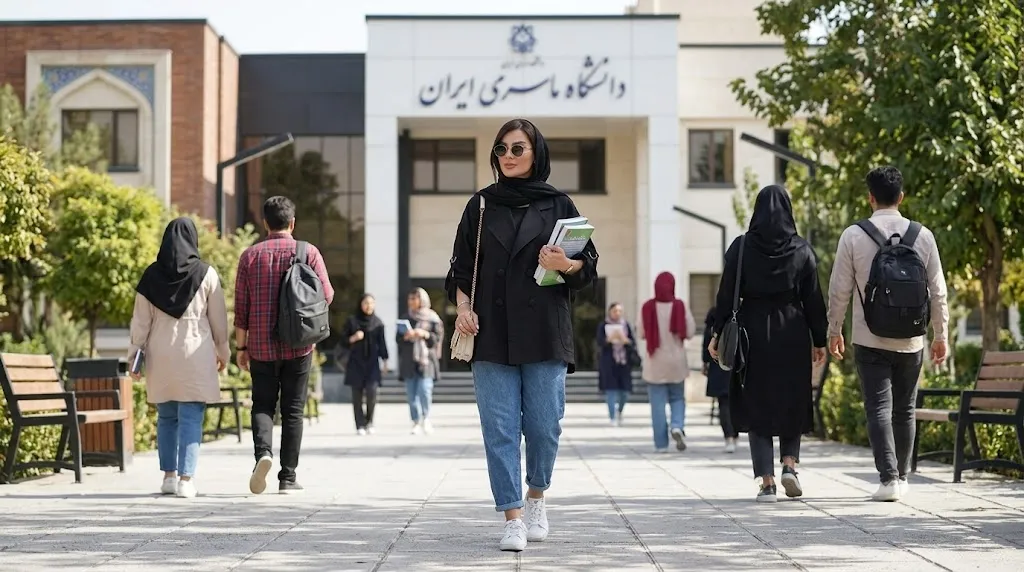 خانم دانشجو با استایل مانتو مشکی و شلوار کتان آبی در محیط دانشگاه
