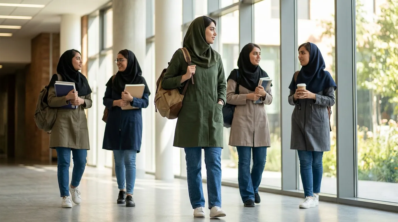 دانشجویان دختر با مانتوهای متنوع و شیک دانشجویی در راهروی دانشگاه