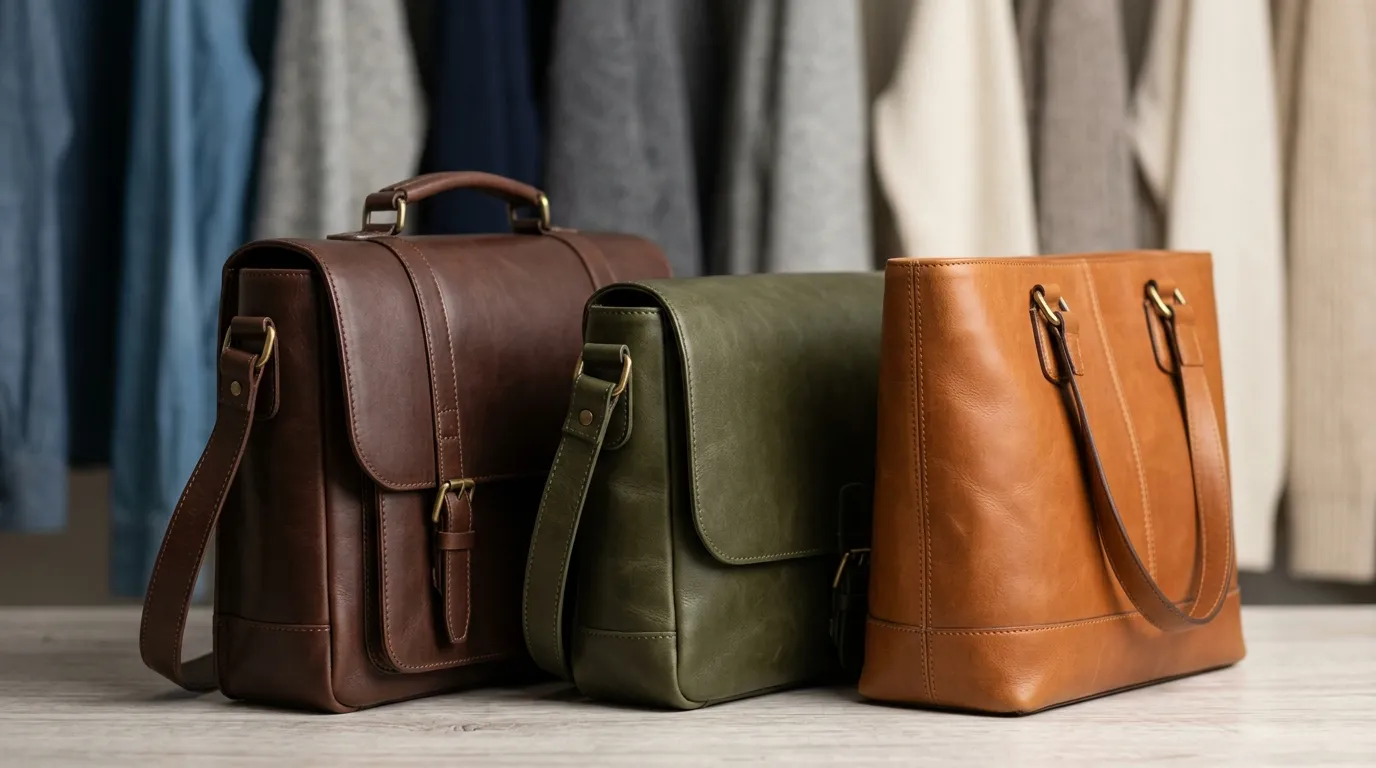 variety of structured leather bags colors سه مدل کیف چرمی ساختارمند دانشجویی در رنگهای مختلف در کنار هم