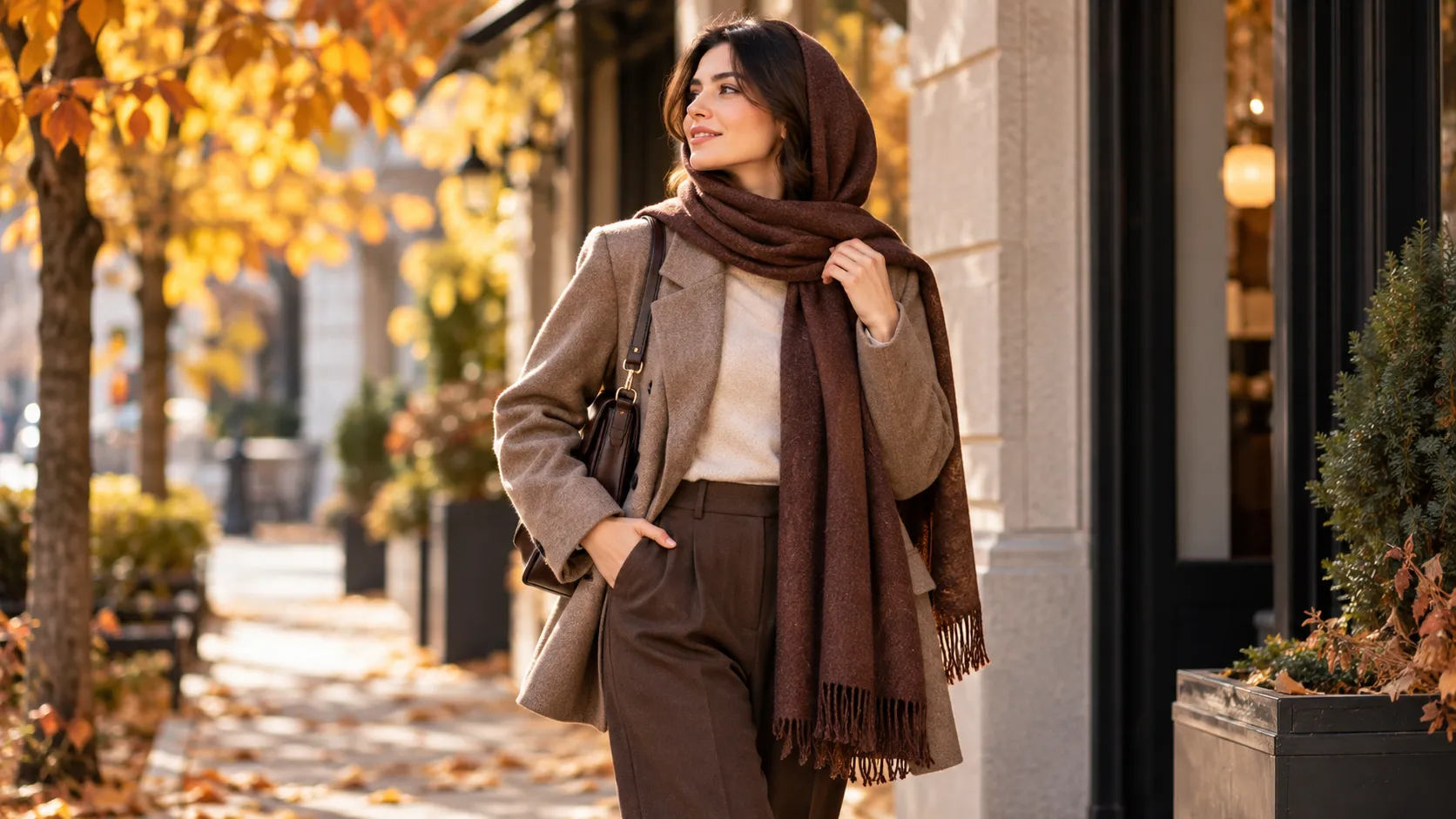 womens autumn style jacket pants scarf 4 استایل پاییزی زنانه با کت، شلوار قهوهای و شال برای استفاده روزمره
