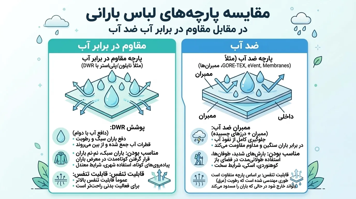 اینفوگرافی تفاوت پارچه آب‌گریز و ضدآب در بارانی زنانه
