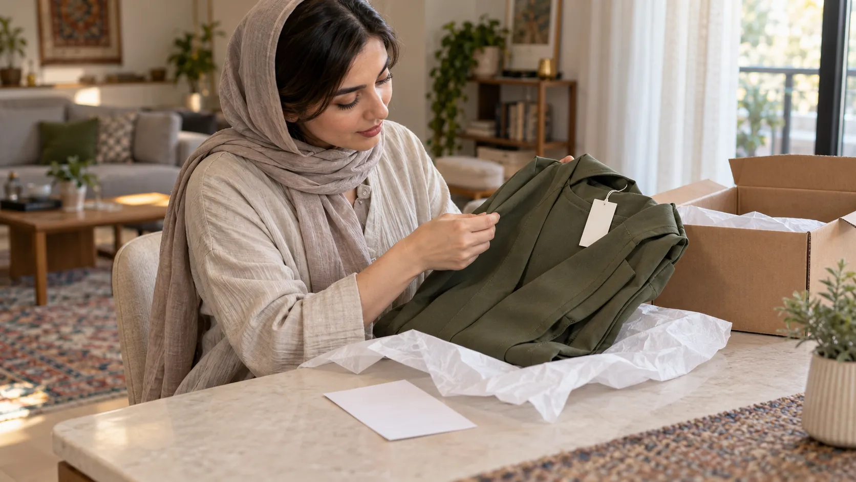بررسی مانتو و بسته‌بندی سفارش اینترنتی لباس زنانه پیش از استفاده
