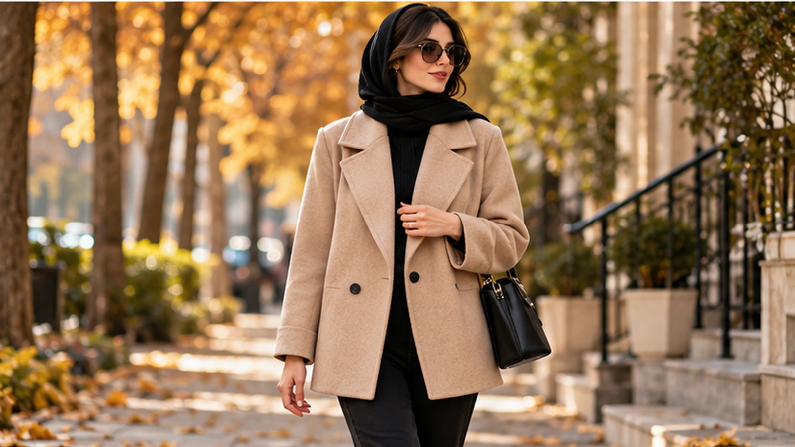 soltanieh coat length short style پالتو زنانه کوتاه کرم با شلوار مشکی در استایل پاییزی روزمره