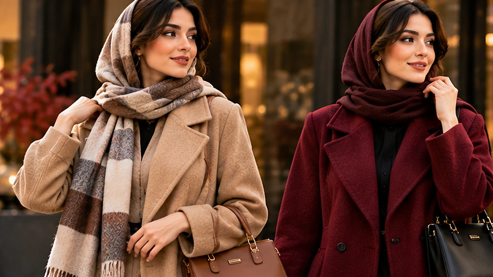 ست پالتو زنانه شتری و زرشکی با شال و کیف هماهنگ برای پاییز و زمستان