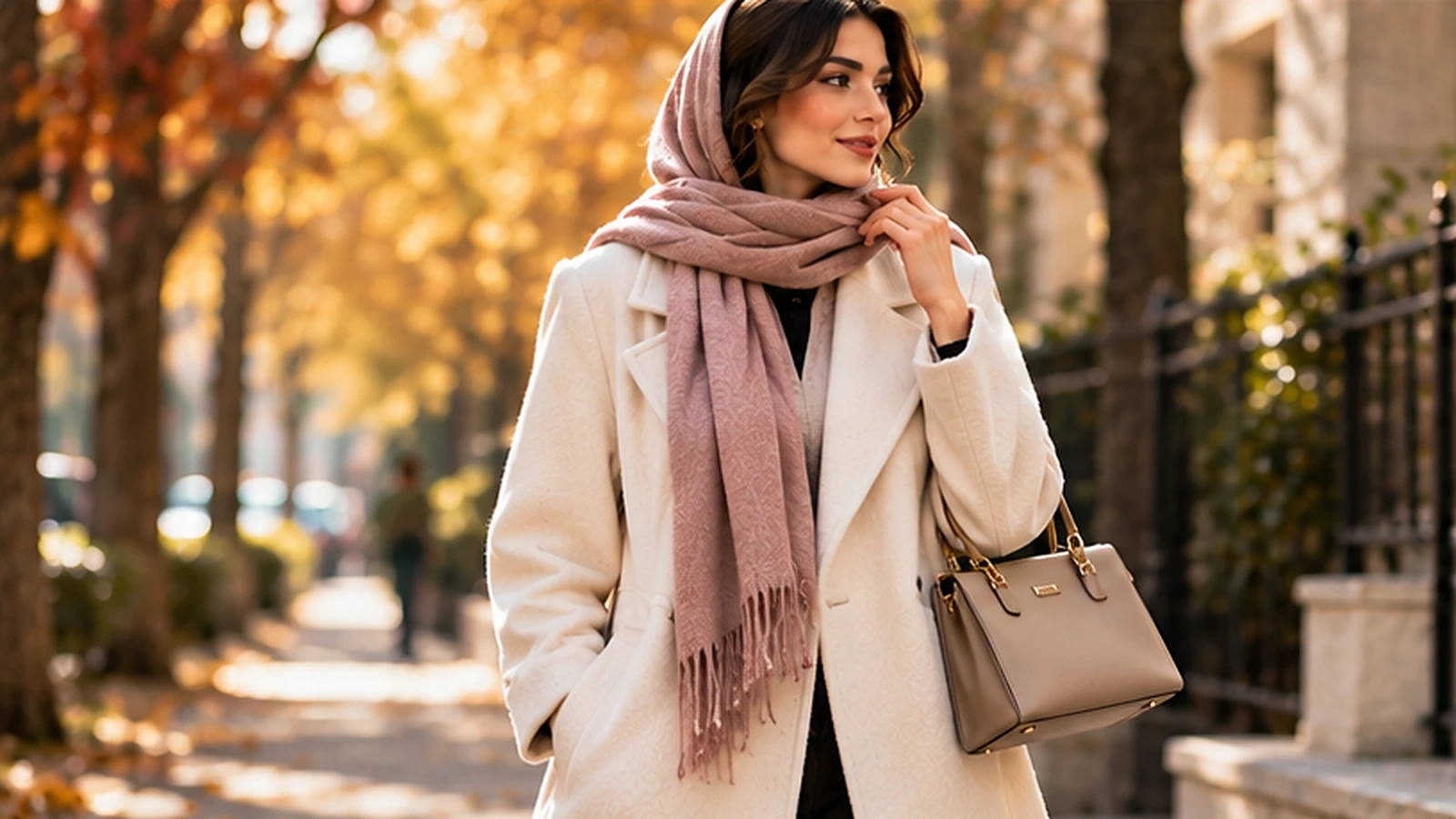 soltanieh cream coat pink shawl style ست پالتو زنانه شتری و زرشکی با شال و کیف هماهنگ برای پاییز و زمستان
