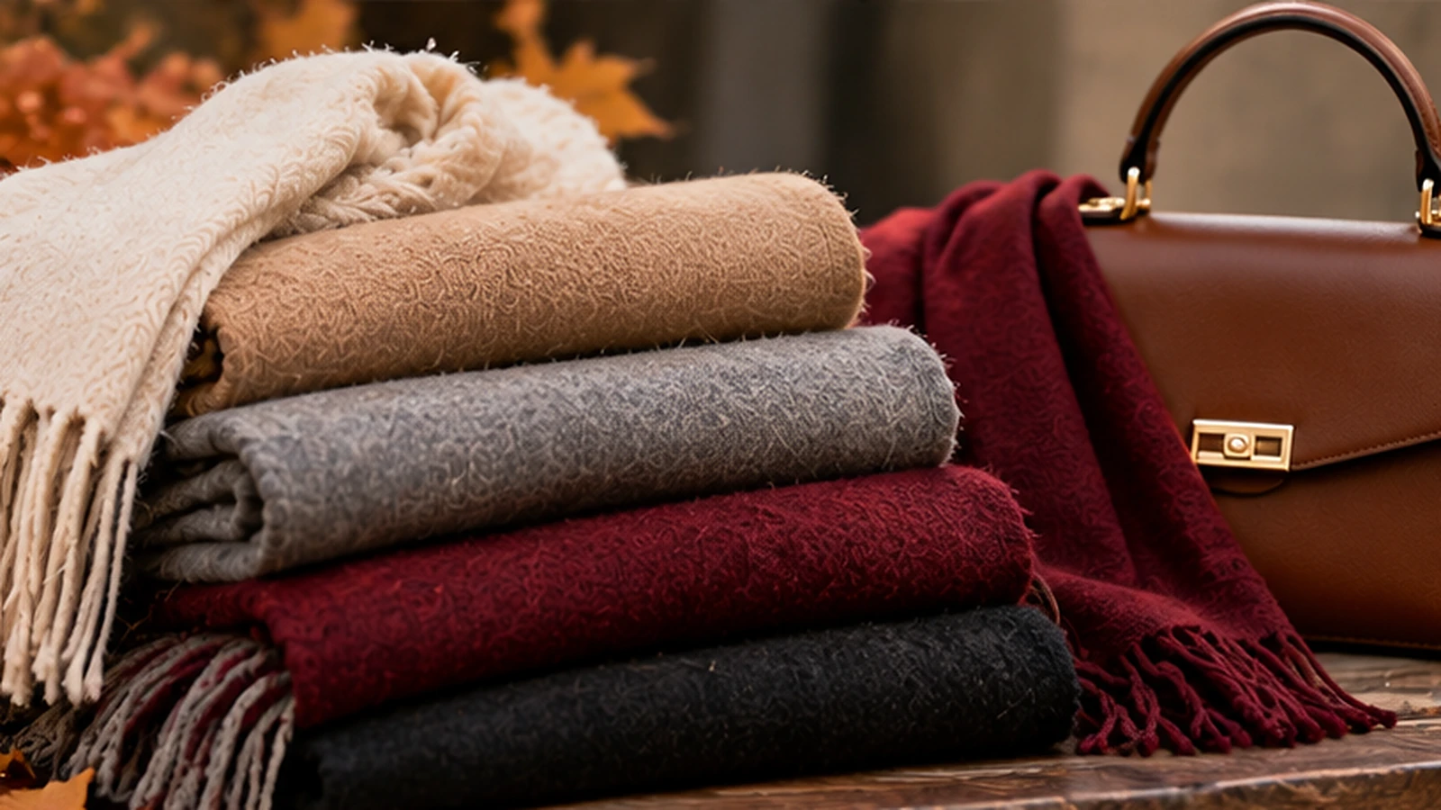 soltanieh scarf handbag color combinations ترکیب رنگ شال زنانه کرم، طوسی و زرشکی با کیف دستی قهوهای برای استایل زمستانی