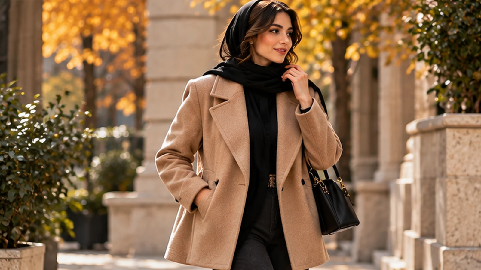 استایل پاییزی زنانه با پالتو کرم و شال مشکی مناسب هوای معتدل